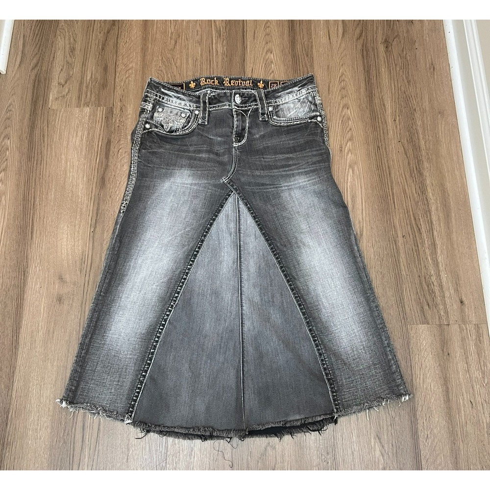 Rock Revival Pilkin Upcycled Jean Skirt Size 28 Black Wash Raw Hem Y2K Western